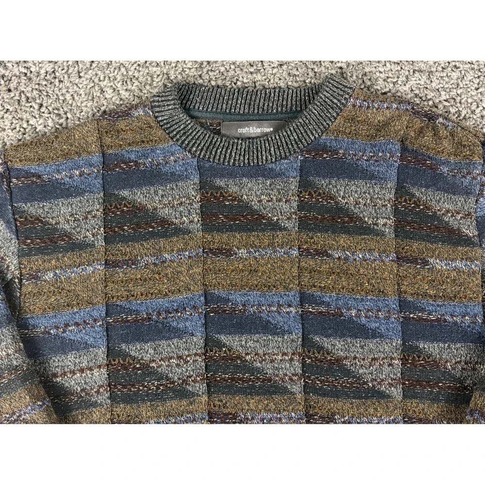 Vintage Croft & Barrow Mens Large Geometric Knit Sweater Blue Brown 90s Pullover